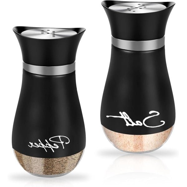 Allecto Plus - Zout- en peperstrooierset van 120 ml met glazen bodem en roestvrijstalen deksel - Kruidendispenser voor keuken thuis restaurant - Eettafel accessoires - 2 stuks zwart