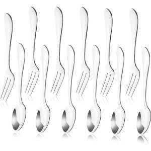 Bujingyun 12 stuks roestvrij staal thee diner server lepel en cake fruit vorken keuken accessoires bruiloft voor dessert, salade, voorgerecht, cocktail (6 vorken + 6 lepels)