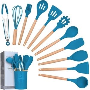 Candala Siliconen kookgerei Keukengerei Set, 12 Stuks Natuurlijke Houten Handvatten Kookgereedschap BPA Vrij Niet Giftige Siliconen Draaier Tang Spatel Lepel Keuken Gadgets Gebruiksvoorwerp Set (Blauw)