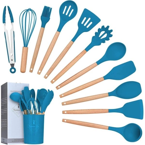 Candala Siliconen kookgerei Keukengerei Set, 12 Stuks Natuurlijke Houten Handvatten Kookgereedschap BPA Vrij Niet Giftige Siliconen Draaier Tang Spatel Lepel Keuken Gadgets Gebruiksvoorwerp Set (Blauw)