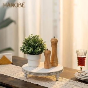 Decoratief houten dienblad - Rustiek wit - Klein formaat - Salontafel decoratie met parels - Vintage boerderij stijl - Maaltijden en decoratie - Bank en keuken accessoire - 30 cm - Rond