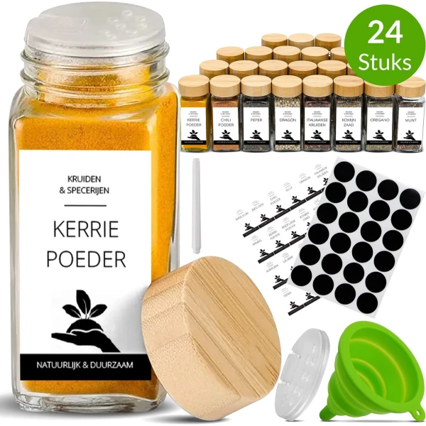 Feed The Future - 24 kruidenpotjes van 120 ml - Bamboe - Voorbedrukte en blanco stickers - Keuken accessoires - Trechter - Stift - Kruidenstrooier - Kruiden - Potjes met deksel - Voorraadpotjes