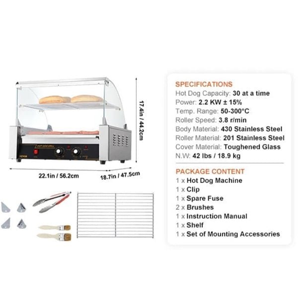 Hotdog Grill Machine - Hotdog Grill - Hotdogroller - Elektrische Grill - met Deksel - 11 RVS Rollen - 750W - Spatwand en plank - Twee Temperatuurregelaars - voor Keuken - en Feestjes - Capaciteit 12 Stuks