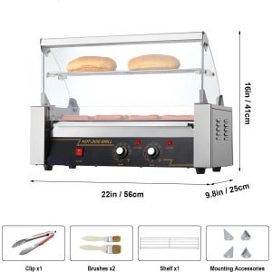 Hotdog Grill Machine - Hotdog Grill - Hotdogroller - Elektrische Grill - met Deksel - 5 RVS Rollen - 750W - Spatwand en plank - Twee Temperatuurregelaars - voor Keuken - en Feestjes - Capaciteit 12 Stuks