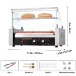 Hotdog Grill Machine - Hotdog Grill - Hotdogroller - Elektrische Grill - met Deksel - 7 RVS Rollen - 750W - Spatwand en plank - Twee Temperatuurregelaars - voor Keuken - en Feestjes - Capaciteit 12 Stuks
