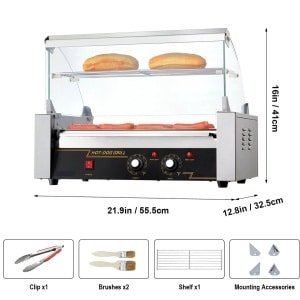 Hotdog Grill Machine - Hotdog Grill - Hotdogroller - Elektrische Grill - met Deksel - 7 RVS Rollen - 750W - Spatwand en plank - Twee Temperatuurregelaars - voor Keuken - en Feestjes - Capaciteit 12 Stuks