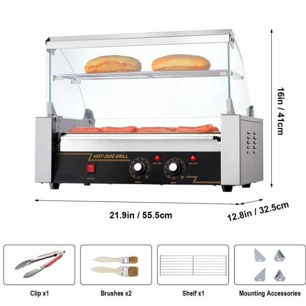 Hotdog Grill Machine - Hotdog Grill - Hotdogroller - Elektrische Grill - met Deksel - 7 RVS Rollen - 750W - Spatwand en plank - Twee Temperatuurregelaars - voor Keuken - en Feestjes - Capaciteit 12 Stuks