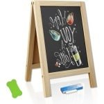 Inovra Plus - Krijtbordstandaard leisteenbord 25x40 cm met houten standaard voor beschrijven en prijskaartjes - Zwart - Desktop en bar accessoire voor café en keuken