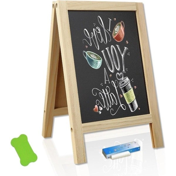 Inovra Plus - Krijtbordstandaard leisteenbord 25x40 cm met houten standaard voor beschrijven en prijskaartjes - Zwart - Desktop en bar accessoire voor café en keuken
