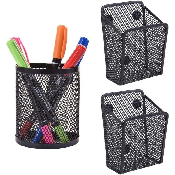 Inovra Plus - Magnetische penhouder set zwart mesh 3 stuks | Organizer met sterke magneet voor koelkast en kantoor | Opbergmanden voor keuken accessoires en schoolpen opslag