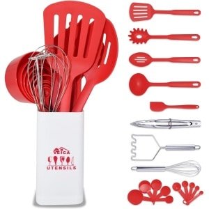Kitchen Gadgets Set 19-delig Kookgerei Nylon Keukengerei Anti-aanbak Kookgerei met Siliconen Spatel RVS Keuken Gadgets Keukengerei Rood