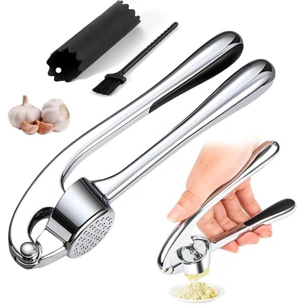 Knoflookpers van roestvrij staal - Keuken Knoflookpers - Eenvoudig schoon te maken pers en Crusher met Dunschiller en Borstel - Kookaccessoires - Knoflook Mincer - Knoflook Crusher met borstel - Professionele Knoflookpers met accessoires.