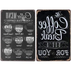 Koffie Menu Teken 30 x 20 cm - 2 Stuks Vintage Bar Decor Metalen Tin Bord - Muur Decor Accessoires Keuken Thuis Boerderij Plank - Zwart Nostalgisch Retro Koffie Thema.