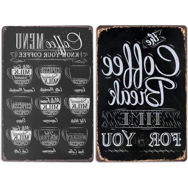 Koffie Menu Teken 30 x 20 cm - 2 Stuks Vintage Bar Decor Metalen Tin Bord - Muur Decor Accessoires Keuken Thuis Boerderij Plank - Zwart Nostalgisch Retro Koffie Thema.