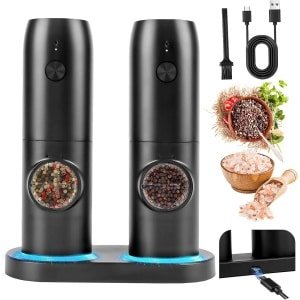 Salt and Pepper Mills Elektrische Set van 2 met Oplaadbare Basis - Kruidenmolen met Dubbele Oplaadstation - LED Verlichting - Automatische Maalsysteem voor BBQ en Keuken