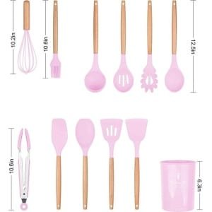 Siliconen Kookgerei Keukengerei Set, 12 Stuks Natuurlijke Houten Handgrepen Koken Tool Bpa Gratis Niet Giftige Siliconen Turner Tang Spatel Lepel Keuken Gadgets Gebruiksvoorwerp Set (Roze)