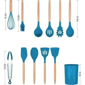 Siliconen kookgerei Keukengerei Set, 12 Stuks Natuurlijke Houten Handvatten Kookgereedschap BPA Vrij Niet Giftige Siliconen Draaier Tang Spatel Lepel Keuken Gadgets Gebruiksvoorwerp Set (Blauw)