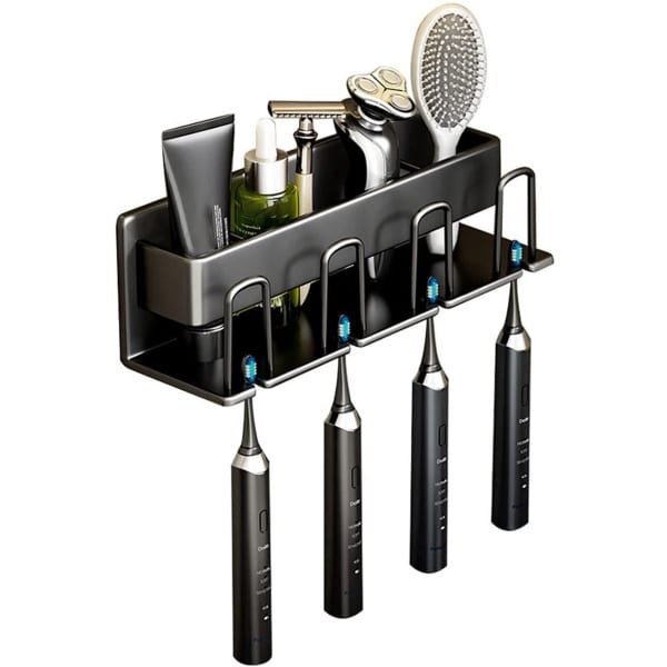 Tandenborstelhouder Elektrische tandenborstelhouder Badkameraccessoires Muurbevestigde boorvrije tandenborstelhouder Ruimte Aluminium badkamer opbergrek Geschikt voor badkamer, keuken - Zwart