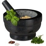 Vijzel met Stamper - Voor Kruidenmixen - Voor Specerijen - Keuken Accessoires - 20 x 20 x 12 CM - Graniet Zwart