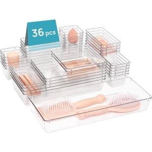 Vtopmart 36 stuks doorzichtige plastic lade-organizerset, 7-size badkamer- en ijdelheidslade-organizerdienbladen, acryl opbergbakken voor make-up, keukengerei, gadgets, groot formaat