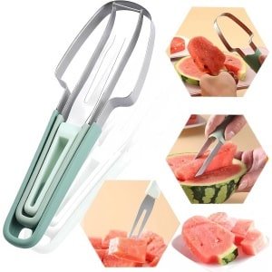 Allecto Plus - 3-in-1 watermeloen vorksnijder roestvrij staal - fruitvork - keuken gadgets - camping accessoire - draagbaar snijgereedschap - meloen snijder - ijslollysnijder - mes voor watermeloen - handig en multifunctioneel.
