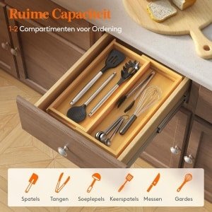 Allecto Plus - Bamboe Besteklade voor Keukenladen - Verstelbaar - Breedte 30-178 cm - Diepte 40 cm - Bestekorganiser - Keuken Accessoires - Bestekmand - Keukengerei Houder