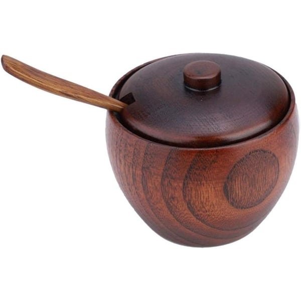 Allecto Plus - Houten Kruidenpot Set met Lepel en Deksel voor Thuiskeuken - Natuurlijk Design - Handig voor Suiker en Zout - Kruidenhouder - Keuken Accessoire
