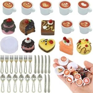 Allecto Plus - Miniatuur Voedsel Set voor Poppenhuis - 42-delig - Keuken Accessoires - Koffiekop Cake Dessert - Mini-keuken en Theekransje - DIY Miniaturen