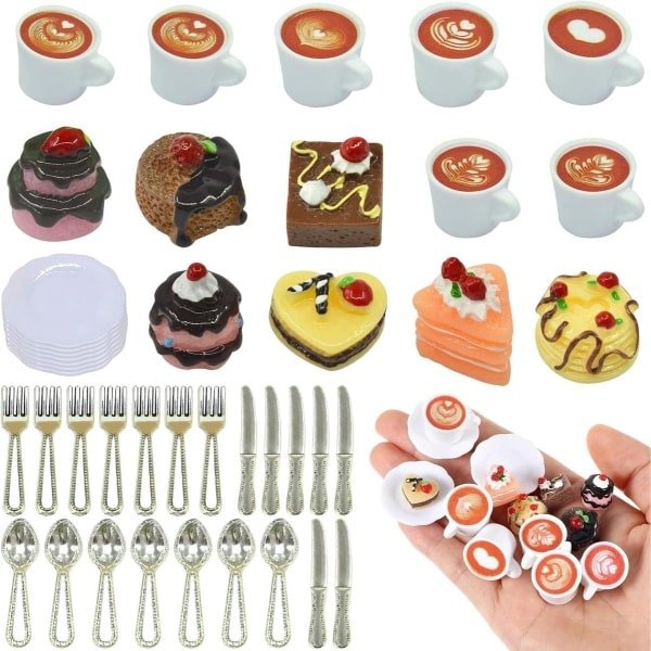 Allecto Plus - Miniatuur Voedsel Set voor Poppenhuis - 42-delig - Keuken Accessoires - Koffiekop Cake Dessert - Mini-keuken en Theekransje - DIY Miniaturen