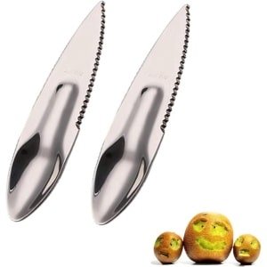 Allecto Plus - Set van 2 stuks 2-in-1 snijlepels van roestvrij staal voor fruit - Herbruikbare kiwi snijder voor appels, grapefruits, papaya, en sinaasappels - Zilverkleurig - Keukengerei Gadgets Snijden Keukenaccessoires