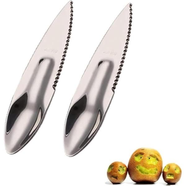 Allecto Plus - Set van 2 stuks 2-in-1 snijlepels van roestvrij staal voor fruit - Herbruikbare kiwi snijder voor appels, grapefruits, papaya, en sinaasappels - Zilverkleurig - Keukengerei Gadgets Snijden Keukenaccessoires