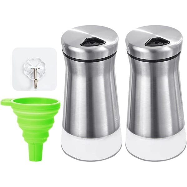 Allecto Plus - Set van 2 zout- en pepervaatjes met accessoires voor keuken - Draaisluiting en navulbaar - Transparante bodem - Kruidenstrooier - Strooifles - Dispenserfles