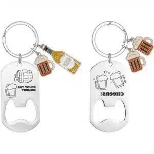 Allecto Plus - Sleutelhanger flesopener met gravure 2 stuks - roestvrijstalen sleutelhangers - gepersonaliseerde gravure - kurkentrekker voor bierblikjes - keuken en bar accessoires