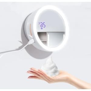 Automatische elektrische zeepdispenser met LED make-upspiegel - wandbevestiging - waterdicht - contactloze zeepdispenser - badkamer keuken hotel - temperatuurweergave.