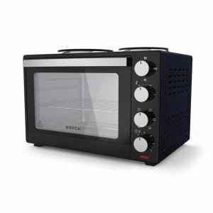 Brock Elektrische Mini Oven met 2 Kookplaten - 30L Vrijstaande Convectieoven met Grillfunctie, Timer en Dubbele Kookzones - 1600W Compacte Combi Oven voor Keuken, Studentenkamer of Camping - Zwart