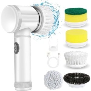 Elektrische spinschrobber, snoerloos, bad, douche, tegelschrobber, vloerschrobber voor reiniging met 5 verwisselbare koppen voor badkamer, vloer, raam, keuken, medium, 5t-wit, 0613-5T-wit