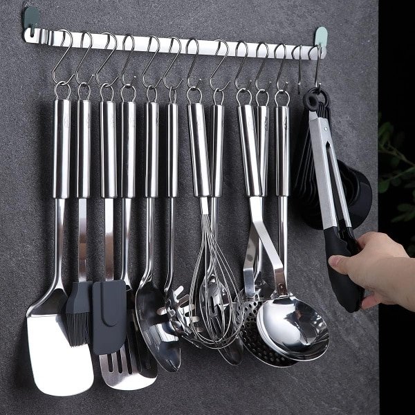 Famanu Keukengerei Set 38 Stuks, Roestvrij Staal Kookgerei Set, Keuken Gadgets, Met houder en haken om keukengerei op te hangen, Vaatwasserbestending