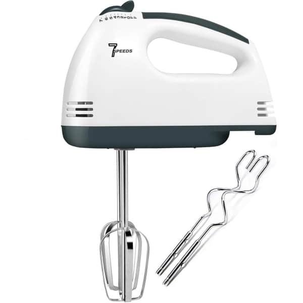 Handmixer, elektrische handgarde, elektrische handmixers voor het bakken, kleine roestvrijstalen handmixer met 7 snelheden, 2 mixers en 2 deeghaken Elektrische handmixers voor het kloppen van eieren en cakes in de keuken