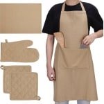 JEMIDI keukenset wasbaar - 1x ovenwant 2x pannenlappen 1x schort 1x vaatdoek - Oven en hittebestendige ovenwanten en onderzetters - Keuken accessoires