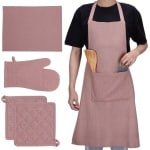 JEMIDI keukenset wasbaar - 1x ovenwant 2x pannenlappen 1x schort 1x vaatdoek - Oven en hittebestendige ovenwanten en onderzetters - Keuken accessoires