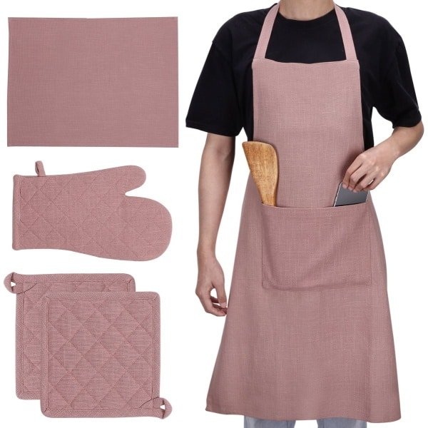 JEMIDI keukenset wasbaar - 1x ovenwant 2x pannenlappen 1x schort 1x vaatdoek - Oven en hittebestendige ovenwanten en onderzetters - Keuken accessoires