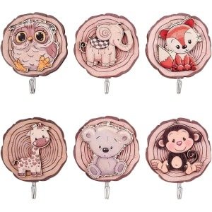 JGS Premium - 6 houten garderobehaken voor kinderkleding | Cartoon-dierenvorm | Zelfklevend | Kinderkamer en keuken accessoires