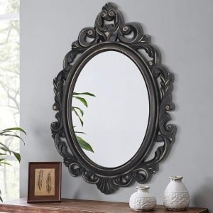 JGS Premium - Ovale Vintage Wandspiegel Barok Stijl Zwart Houten Frame - Antieke Esthetische Spiegel voor Slaapkamer en Woonkamer - Decoratieve Opknoping Muur Spiegel met Traditionele Gesneden Details - Kaptafel en Keuken Accessoire
