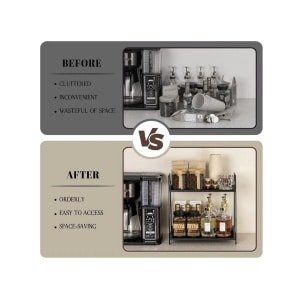 Koffie-organizer, koffiebar-accessoire en -organizer, hout, koffieopbergmeubel voor koffiehoek, werkbladen, kruidenrek, 2 verdiepingen, koffiecaddy voor keuken, thuis, kantoor, zwart