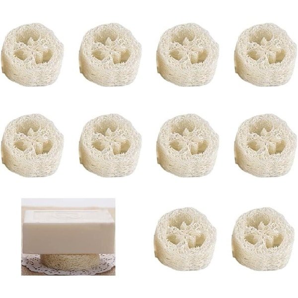 Luffa-spons zeepkussen - 10 stuks - Zeepbeschermers voor zeepbakje - Accessoires voor douche, bad, keuken en werkbladen - Zeephouder van 100% Luffa - Natuurlijke materialen - Duurzaam en milieuvriendelijk