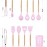 Siliconen Kookgerei Keukengerei Set, 12 Stuks Natuurlijke Houten Handgrepen Koken Tool Bpa Gratis Niet Giftige Siliconen Turner Tang Spatel Lepel Keuken Gadgets Gebruiksvoorwerp Set (Roze)