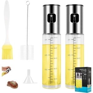 Zeynomax - Oliespray fles van rvs en glas 5-in-1 met borstel en trechter - multifunctioneel voor hete luchtfriteuse, azijn, bakolie, BBQ - salades - keuken accessoire