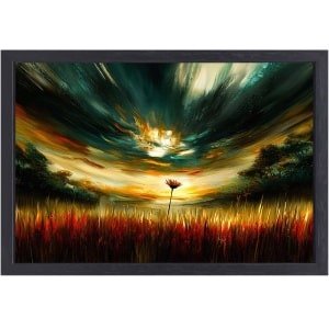 Zonsopkomst met eenzame bloem - Zonsopkomst muurdecoratie - Muurdecoratie canvas bloem - Expressionisme - Canvas met baklijst keuken - Decoratieve accessoires - canvas met baklijst 90x60 cm