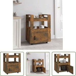 vidaXL Keukentrolley 60x45x80 cm bewerkt hout gerookt eikenkleurig - Keuken Trolley - Keuken Organisatie - Houten Trolley - Bruine Keukenaccessoires - Kookeiland Accessoire