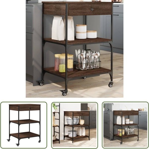 vidaXL Keukentrolley 60x48x89,5 cm bewerkt hout bruin eikenkleurig - Keuken Trolley - Keukenkast - Houten Trolley - Bruine Keukenaccessoires - Kookeiland Accessoires